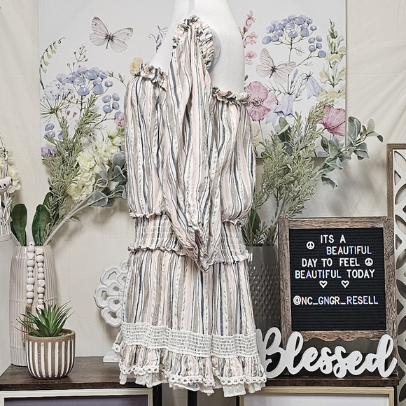 SURF GYPSY | SHIMMER STRIPED OFF SHOULDER RUFFLE MINI DRESS - Picture 10 of 16